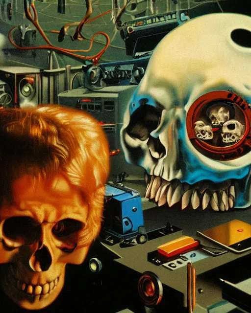 Prompt: a sacred skull observing 8 0 s era technology, vintage shapes, retro technology, vintage color, wayne barlow, oil on canvas, deep depth of field, masterpiece, cinematic composition, hyperdetailed