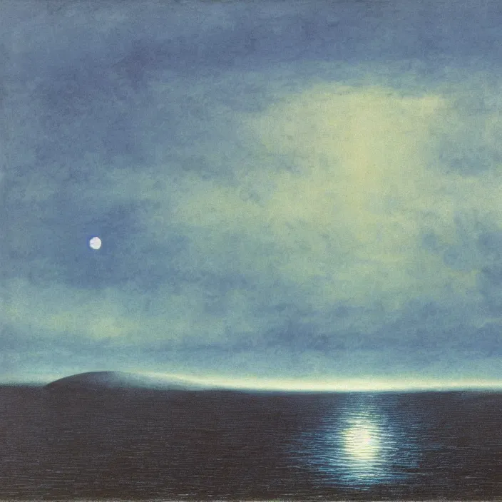 Prompt: the first blue color getting out of the primordial ocean to walk on land. sunset through the clouds. codex seraphinianus. painting by yves tanguy, caspar david friedrich, moebius, walton ford, rene magritte