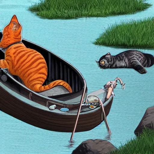Image similar to cat fishing in a river while in a boat illustrated by Bill Watterson in stunning color; 8k; digital art; artstation; award winning