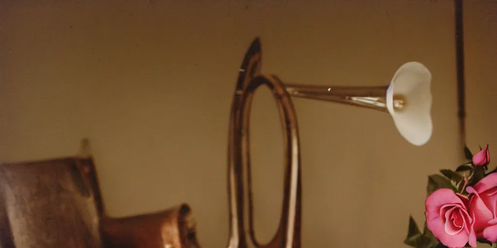 Prompt: a soft lit 1980s photograph of a trumpet and a rose and a hat on a chair