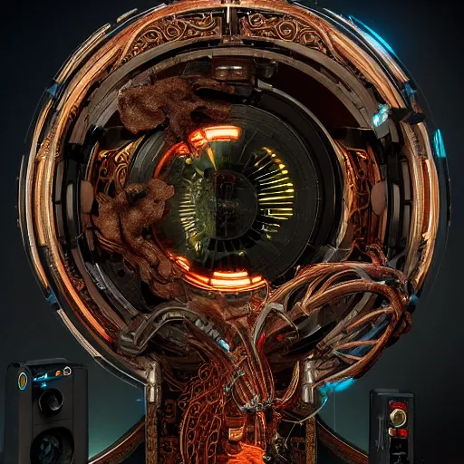 Prompt: a beautiful intricate fine art close-up photo of a sci-fi industrial sound plasma cutter machine, Montserrat leaves by tom bagshaw and zach sutton, golden ratio composition, studio lighting, 50mm lens, very detailed, bionic, cybernetic scifi, deep depth of field, artstation, 8K, highly coherent