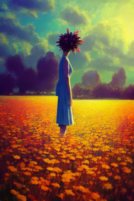 Image similar to closeup, giant flower head, girl standing in a field of flowers, surreal photography, sunrise, blue sky, dramatic light, impressionist painting, digital painting, artstation, simon stalenhag