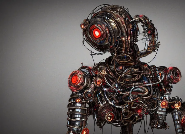 Image similar to Techno-biological rusty robot geisha consisting of wires and actuators. Biopunk, body armor, high detail, photorealism, full length view, concept art, dark background, Dan Mumford, Quixel Megascans, kanji tattoos and decals, octane render, 16k, 8k