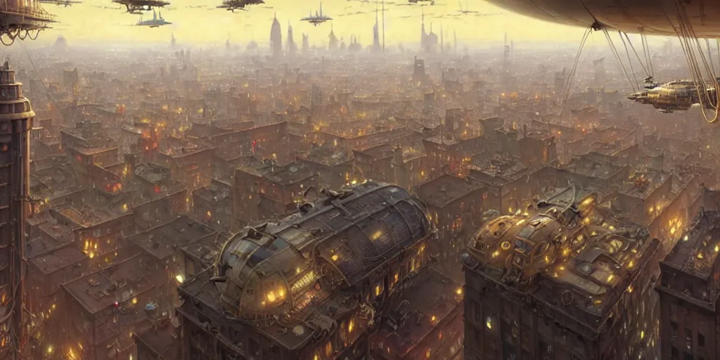 Image similar to steampunk airship above a busy city, exquisite details, denoised, mid view, by norman rockwell, karl kopinski, artsation, greg rutkowski, makoto shinkai, takashi takeuchi, studio ghibli