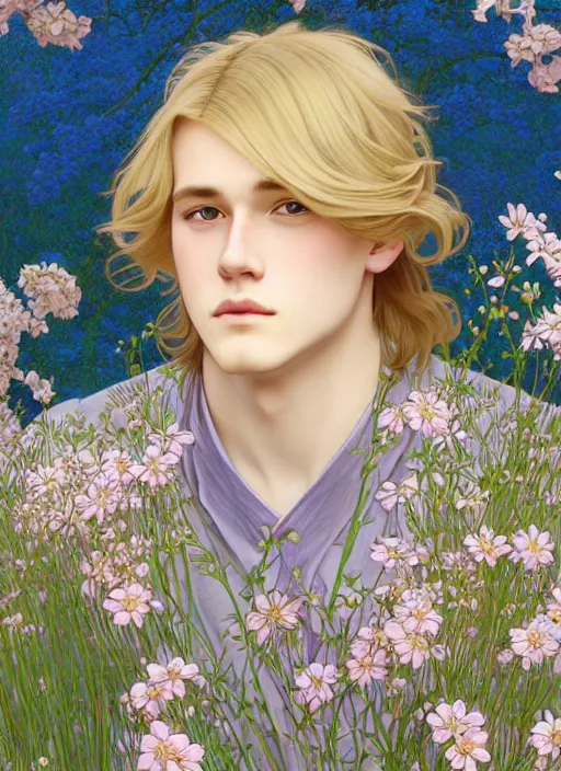 Image similar to pretty young man with shoulder length blond hair, male, half body shot, flower pattern background, path traced, highly detailed, high quality, digital painting, by studio ghibli and alphonse mucha, leesha hannigan, hidari, art nouveau, chiho aoshima, jules bastien - lepage