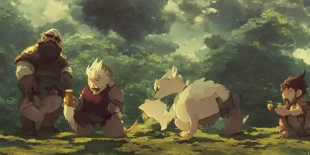 Image similar to a dwarf and his small pet dragon drinking a beer together | sharp contrast | by greg rutkowski makoto shinkai takashi takeuchi studio ghibli