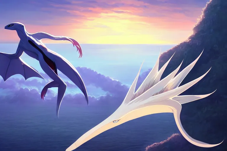 Image similar to a closeup of a large smooth skinned white creature hybrid pterosaur alien, small quills along it's back, long fangs, sitting on a cliff high in the sky, sunset, backlit, beautiful composition, by makoto shinkai an krenz cushart