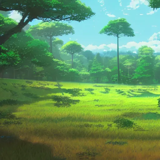 Prompt: forest lanscape panorama by makoto shinkai in pixar style backdrop gouache anime