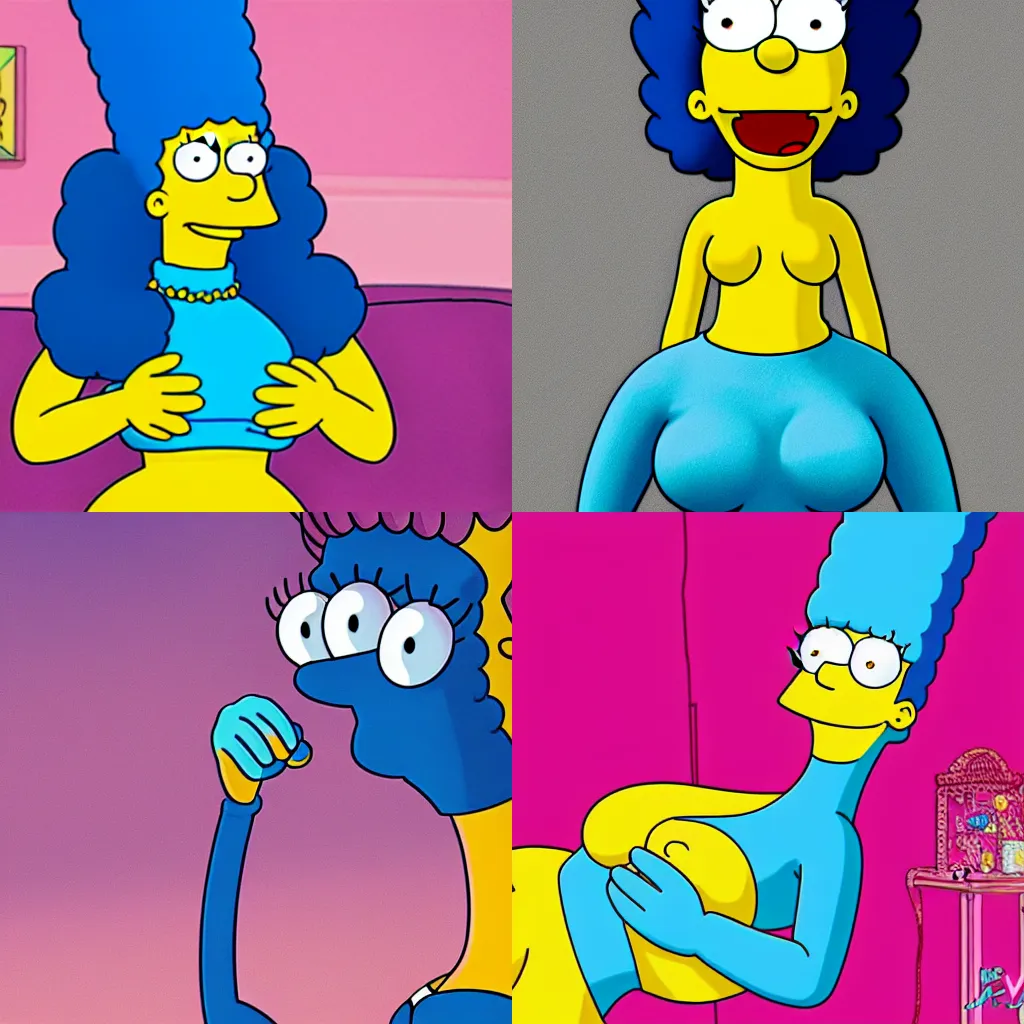 Prompt: Marge Simpson modeling for Victoria’s Secret, high resolution 8k, cartoon, animation, Matt Groening, Simpsons, tv show, funny, DSLR, cinematic, serene,