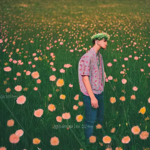 Image similar to revolog volvox photograph of a skinny blonde guy standing in a field of flowers, flower crown, back view, grain, moody lighting, telephoto, 9 0 s vibe, blurry background, vaporwave colors!, faded!,