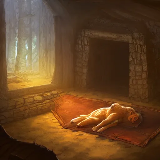 Image similar to medieum shot of a warg wolf sleeping on a mat in a corner of a adobe house, torchlit, concept art by marc simonetti and christophe vacher, trending on artstation