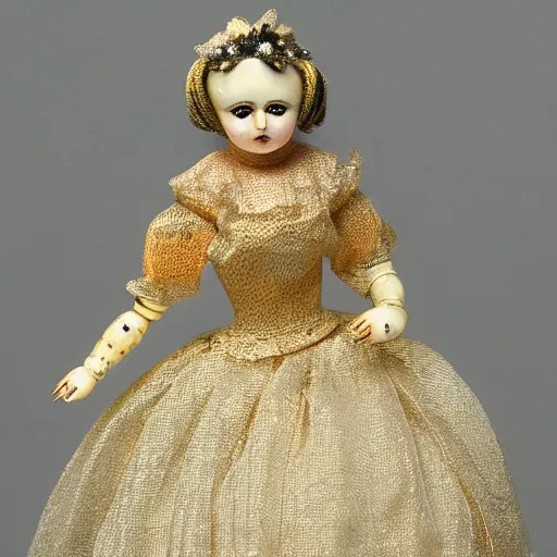 Image similar to ball-jointed doll, porcelain with golden intricate details, dark background