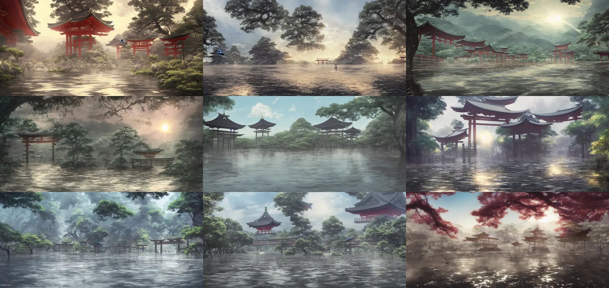 Prompt: Concept art, Torii Gates, The ground was flooded with a layer of shallow water, temples surround the in town of Kyoto, sun rays, art by Madhouse INC (japanese animation studio, WHITE FOX (animation studio), by Studio Trigger, landscape, beautiful, gorgeous, dramatic lighting, rule of thirds, perfect composition, trending on ArtStation, 8k