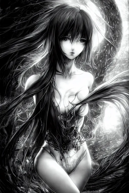 Image similar to a vertical portrait of a character in a scenic environment by Yoshitaka Amano, black and white, dreamy, cybernetic suit, wavy long black hair, highly detailed