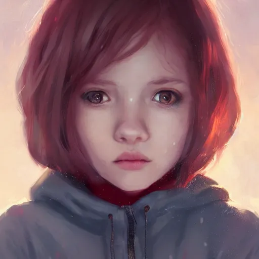 Image similar to a cute tiny girl with short red hair wearing a hoodie, digital art, very beautiful face, pretty face, very detailed eyes, full body illustration, 8 k resolution, soft painting, by greg rutkowski, wlop, rossdraws,