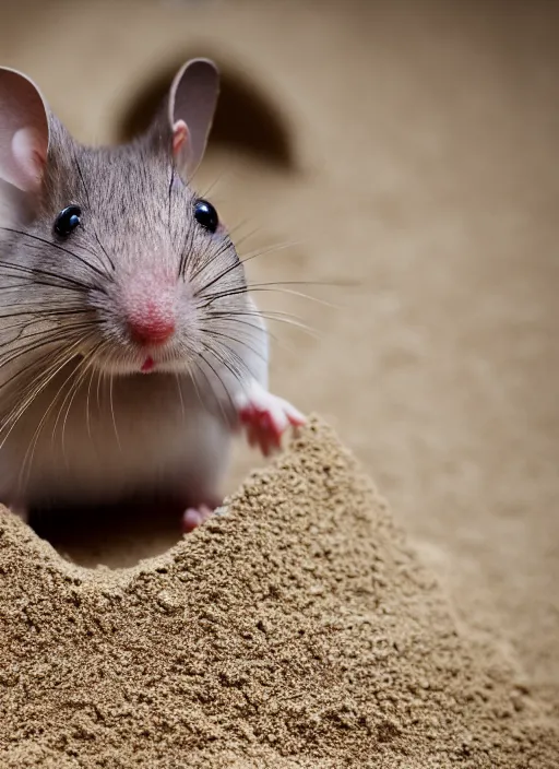 Prompt: wide dslr photo still of a mouse inside a perfect sandcastle, 8 k, 8 5 mm f 1. 4