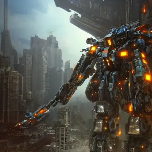 Image similar to a beautiful hyperrealistic ultradetailed 3D render of a gigantic mecha standing over the city, by brian sum and stephen martiniere and Antonio Manzanedo. mech, dragon, unreal engine, octane render, PBR, 3D, brilliantly colored, intricate, wide angle, volumetric lighting, polished, path tracing