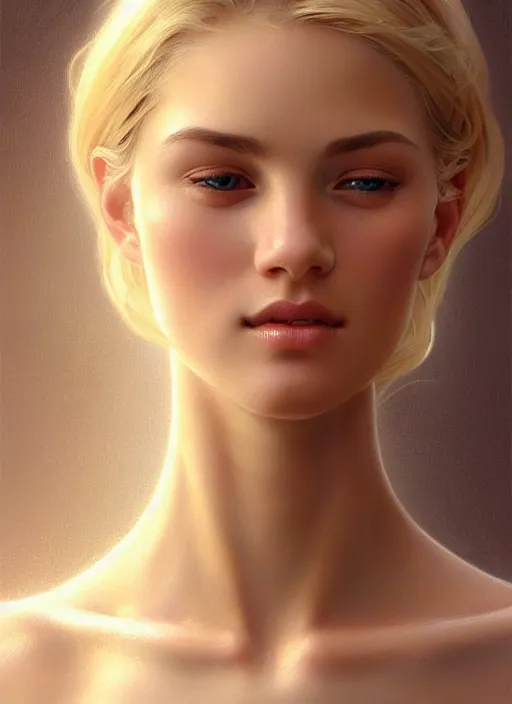 Image similar to beautiful feminine face!! portrait of young wife blessed by god with ever - increasing physical mental perfection, blonde, symmetrical!! intricate, sensual features, highly detailed, divine holy perfection!! smile, digital painting, artstation, concept art, smooth, sharp focus, illustration, art by artgerm and greg rutkowski and alphonse mucha