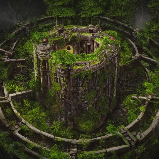 Image similar to giant ancient castle in an forest with some ivy plants on the walls, cinematic, epic, dramatic lighting from above, dark, vines, fantasy, dust, unreal engine, octane, highly detailed, concept art, dark, super realistic