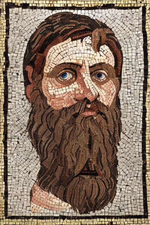 Prompt: intricate and ornately designed roman mosaic portrait of Zizek, 8k