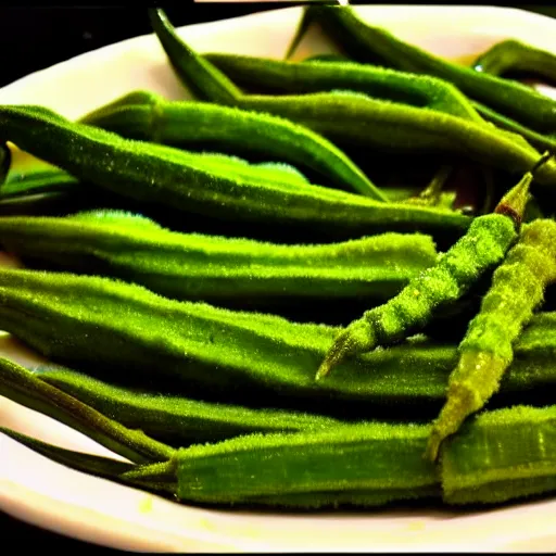 Image similar to a dish of okra veg with green stalky ( ( green oprah winfrey's face ) ), oprah okra winfrey sentient veg