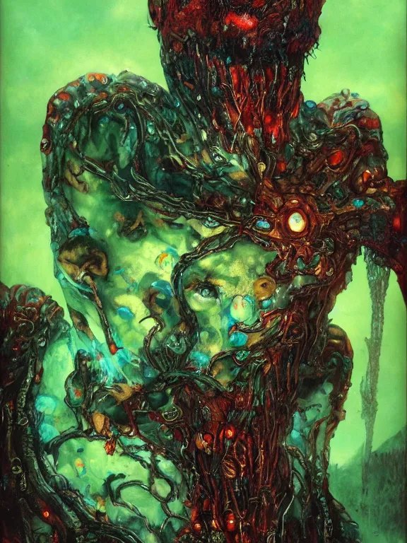 Prompt: closeup portrait of a living goo on a ( transparentcyborg leshy panther with glowing veins ), on titan, cinematic light, backlight glow, green red, mist, by mikhail vrubel, by philippe druillet, by peter elson, by gerald brom, muted colors, extreme detail, trending on artstation, 8 k