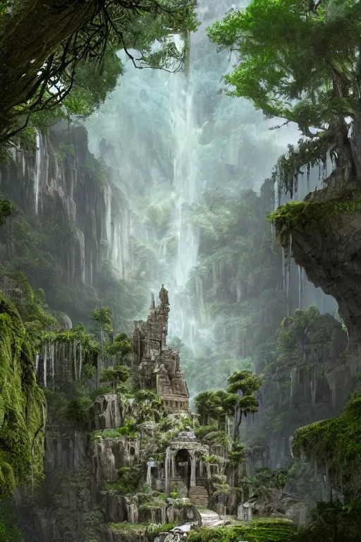 Prompt: carved into the Rock a citadel-temple-cathedral above a waterfall , gnarly trees, lush vegetation, forrest, a small stream runs beneath the waterfall, landscape, raphael lacoste, eddie mendoza, alex ross, concept art, matte painting, highly detailed, rule of thirds, dynamic lighting, cinematic, detailed, denoised, centerd