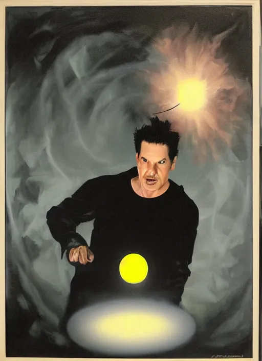 Image similar to zak bagans enamored by a glowing orb, scientific equipment, ghostly!!!, painting by phil hale, fransico goya,'action lines '!!!, graphic style, visible brushstrokes, motion blur, blurry, visible paint texture, crisp hd image