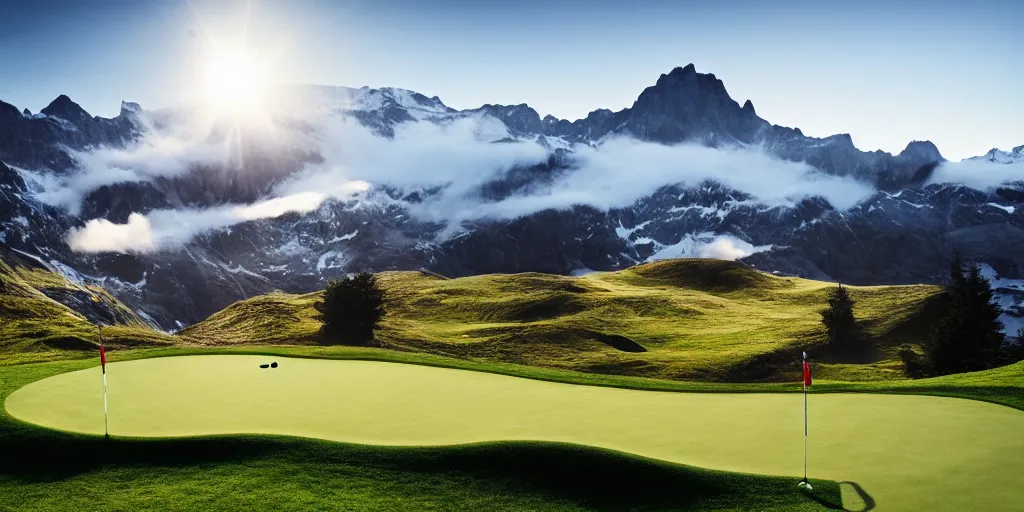 Prompt: a great photograph of the most amazing golf hole in the world, perfect light, in the swiss alps, high above treeline, ambient light, 5 0 mm, golf digest, top 1 0 0, fog