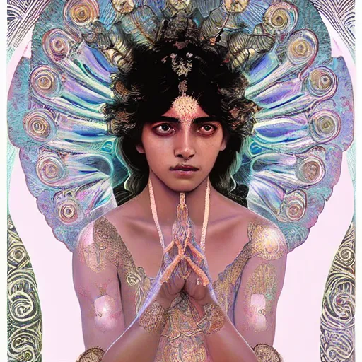 Image similar to Sri lankan girl as a winged angel covered in eyes with glowing halo, iridescent, seraphim, fantasy, intricate, elegant, highly detailed, digital painting, artstation, concept art, smooth, sharp focus, illustration, art by Krenz Cushart and Artem Demura and alphonse mucha