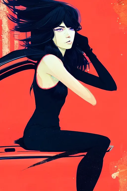 Image similar to a ultradetailed beautiful portrait panting of a stylish woman sitting on a car, by conrad roset, greg rutkowski and makoto shinkai, trending on artstation