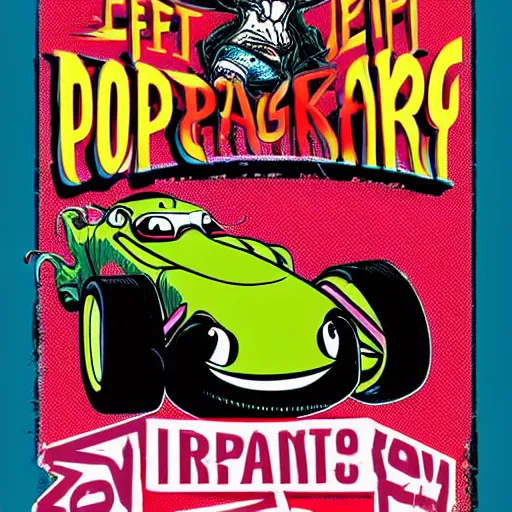 Prompt: Crazy Pop-Wonder NFT Style Racing-Poster Artwork of Jeff DeGrandis Dragfink.com Ed 'BIG DADDY' Roth GIGANTIC-Snake, character art, Driving a Hotrod, crazy racer spinning, burnout, smokey tires, classic-cult-comic-style, hand drawn svg, vector artwork