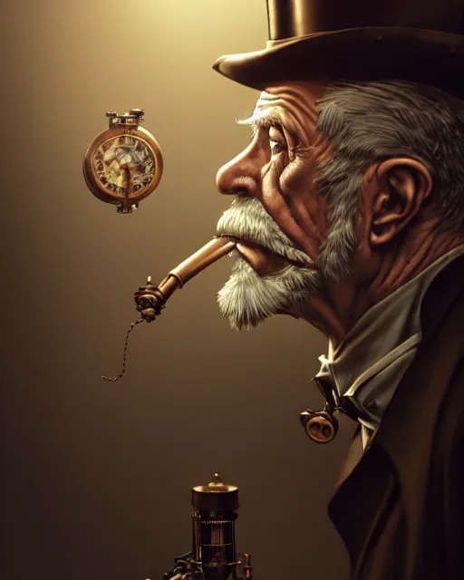 Image similar to steampunk old man portrait, handsome, steampunk hat, detective coat, steampunk monocle, smoking pipe, hyper realistic 3 d render by ilya kuvshinov, peter mohrbacher, greg rutkowski, ryohei hase, dramatic lighting, intricate, highly detailed, sharp focus, luminous, unreal engine, blender, deviant art, masterpiece, ray tracing
