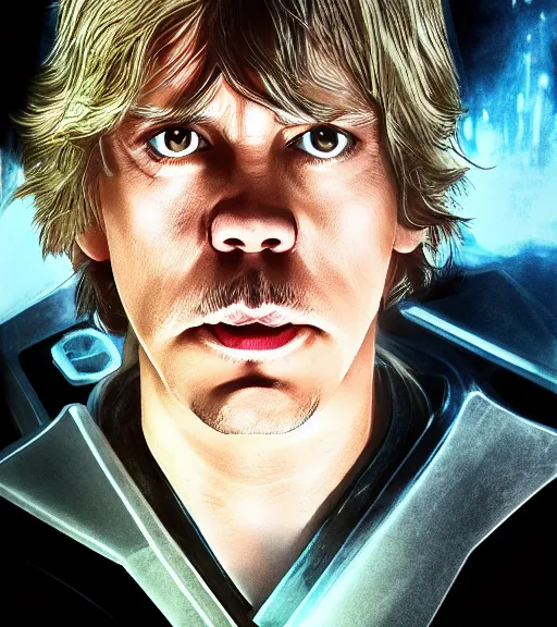 Image similar to Luke Skywalker in pain and anger deep dark technoir portrait cinematic photo by Leica Zeiss using force in detailed squareenix mcu style 3d unreal trending on artstation deviantart realistic hd by frank Miller sorayama giger