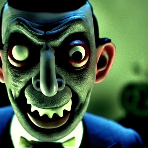 Image similar to mr. bean as frankensteins monster. movie still. cinematic lighting.