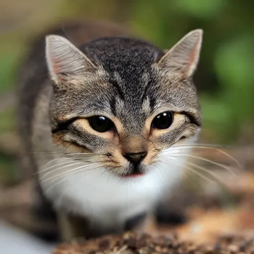 Image similar to a small domestic housecat with a thin mushroom growing atop its head