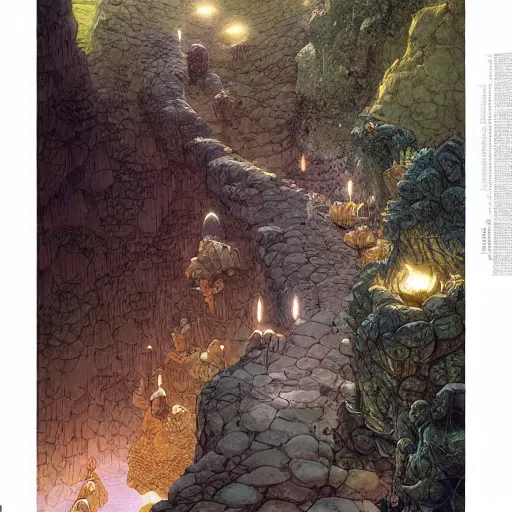 Image similar to quantum cavern walkway sacred fantasy nature photography airbush cinematic by arthur adams, moebius, wlop, james gurney, victo ngai, james christensen, greg rutkowski, john howe