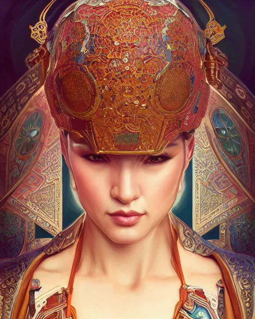 Prompt: portrait of a turkish masculine female cyberpunk machine, machine face, upper half portrait, decorated with ottoman opera motifs, muscular, asian, fine china, wuxia, traditional chinese art, intricate intense elegant, highly detailed symmetry headpiece digital painting artstation concept art smooth sharp focus illustration, art by artgerm and greg rutkowski alphonse mucha 8 k