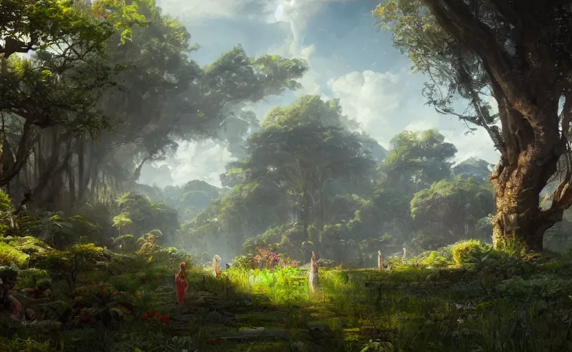 Prompt: A painting of the Garden of Eden trending on artstation in the style of Greg Rutkowski