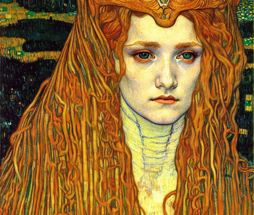 Image similar to detailed realistic beautiful young medieval queen face portrait by jean delville, gustav klimt and vincent van gogh, art nouveau, symbolist, visionary, gothic, pre - raphaelite, muted earthy colors, desaturated