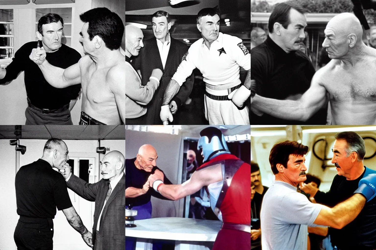 Prompt: a paparazzi photo of Patrick Stewart punching James Doohan on set, realistic, wide angle