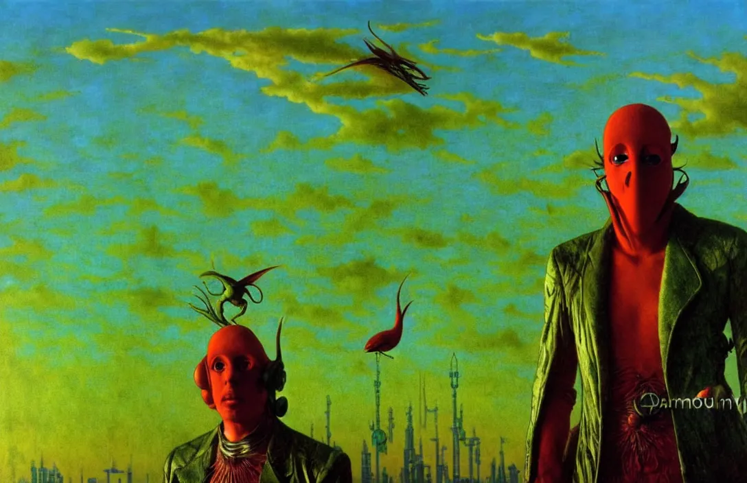 Image similar to realistic detailed portrait movie shot of a birdman wearing green leather coat, sci fi city sunset landscape background by denis villeneuve, amano, yves tanguy, alphonse mucha, ernst haeckel, max ernst, roger dean, masterpiece, rich moody colours, blue eyes