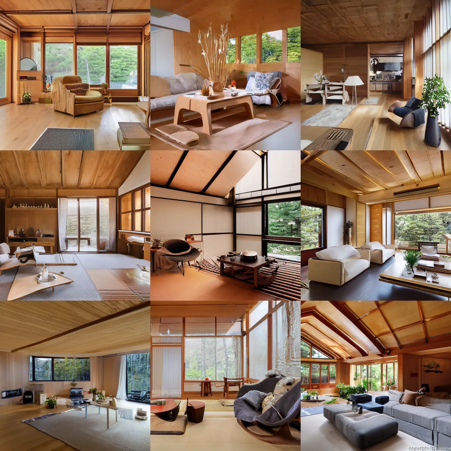 Prompt: full interior view photo of modern fully furnished japanese livingroom in a luxurious wooden cottage, busy with floral arrangements, ultra realistic, architecture photography by alvar aalto, telephoto lens, canon rf 8 0 0 mm f / 5. 6 l