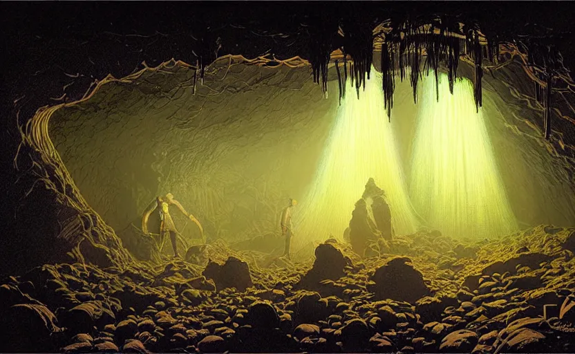 Prompt: natural cave, darkness, some bulb lights, dynamic light, cable on ceiling, some old props on the ground, mist low over ground, illustration painting by james gurney and josan gonzales