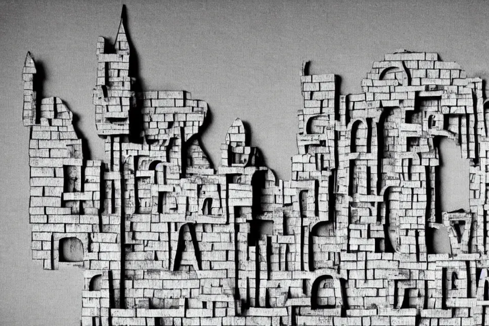 Image similar to a castle made out of letters, black and white photography