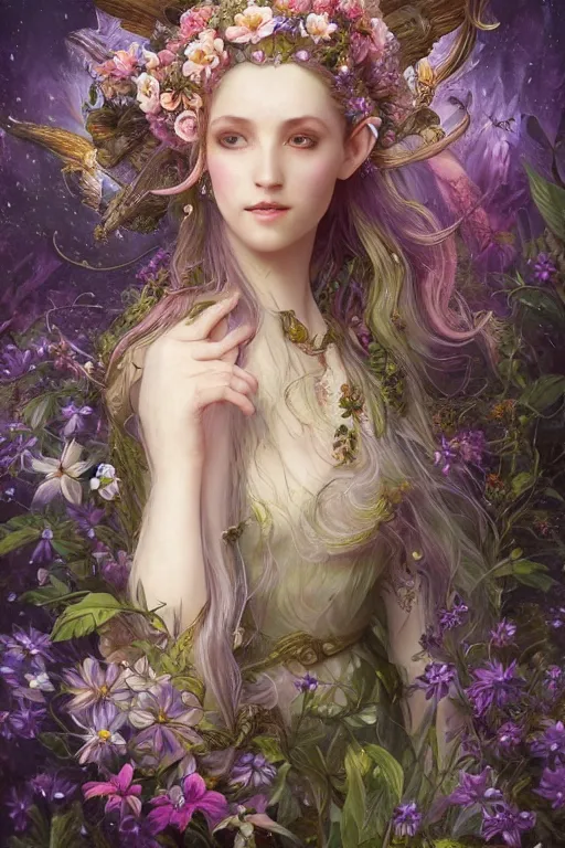 Image similar to a portrait of a beautiful elvish goddess with flowers in her hairs , fairy-like , 8k, highly detailed, sharp focus, ethereal clothes, astral environment, in style of Anna Dittmann and Mark Arial and Artgerm and Gerald Brom