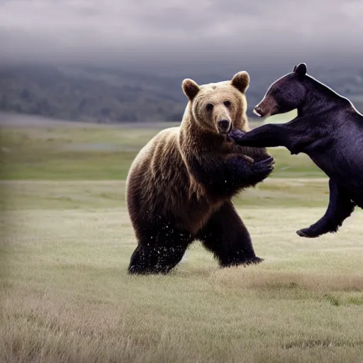 Prompt: realistic photograph of a bear attacking a horse