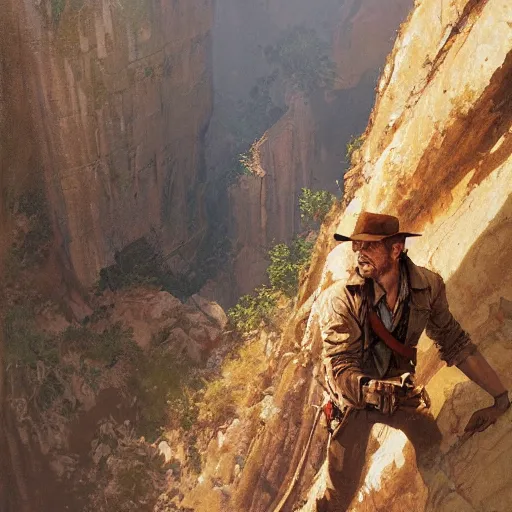 Image similar to looking down onto indiana jones hanging off a cliff by one hand by Greg Rutkowski by James Gurney