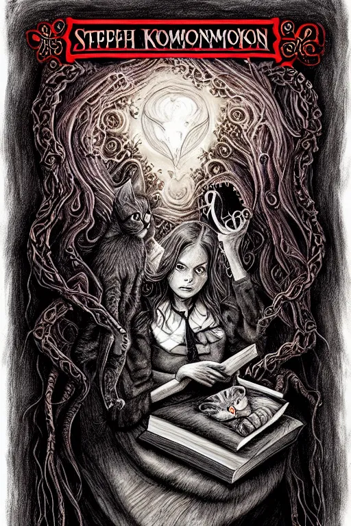 Image similar to stephen king illustration of romantic girl, her cat and her book of necronomicon, symmetrical, cinematic, sharp focus, 4 k, ultra hd, sense of awe, sinister demonic atmosphere, dreadful, forbidden knowledge, old gods, cthulhu, yog - sothoth! yah, yah, yah! cultist journal cover