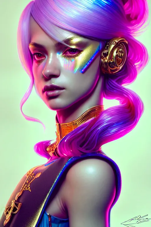 Image similar to hyperdetailed portrait of a stunningly beautiful european girl androgynous guard made of iridescent metals shiny pink gems, bright rainbow gold nimbus, inspired by ross tran and wlop and masamune shirow and kuvshinov, concept art, intricate, photorealistic, octane render, rtx, hdr, unreal engine, dnd digital art by artgerm